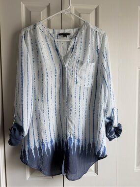 White Blouse with Blue Tie-Dye Stripes